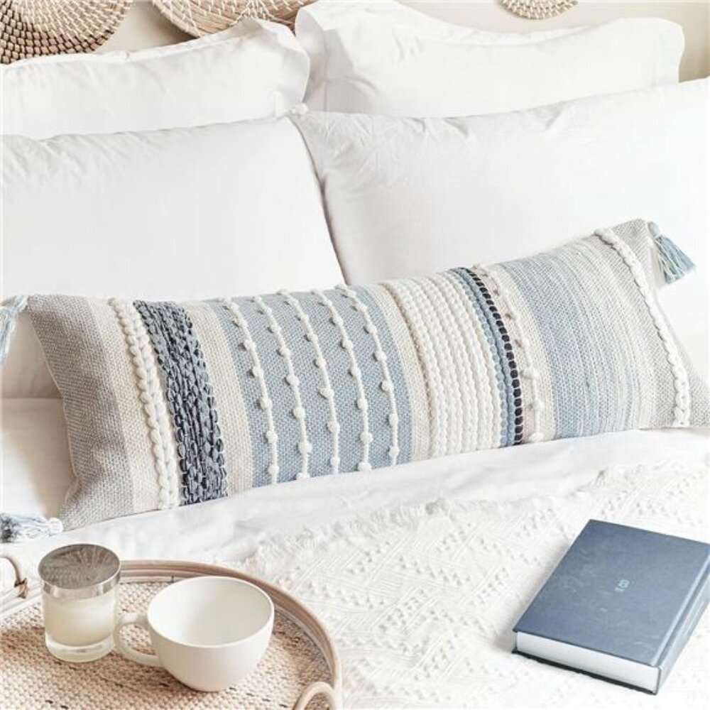 Coastal Blue Decorative Lumbar Pillow Cover 14x36 Boho Long Body